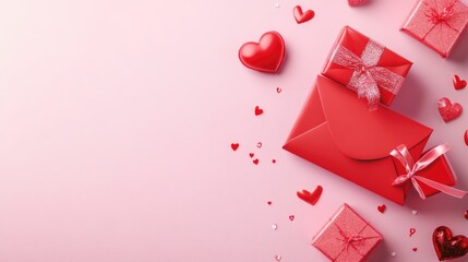 Valentine s Day banner featuring a red envelope gift box and hearts set against a pink background embodying a romantic theme