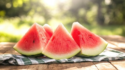 Refreshing summer snack of juicy watermelon slices arranged on a picnic table