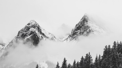Obraz premium Black and white image of fog enveloped rocky mountain peaks blanketed in snow