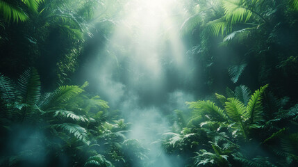 Obraz premium Lush rainforest with dense foliage and mist, vibrant green tones, tropical ambiance