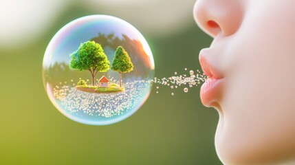 A mouth spewing out rainbow colored bubbles that burst into miniature, magical landscapes.