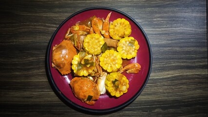 Processed crab seafood combined with corn