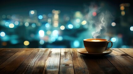 Steaming coffee with a blurred city night scene on an empty wooden table creating a concept of relaxation and tranquility for web ads and banners