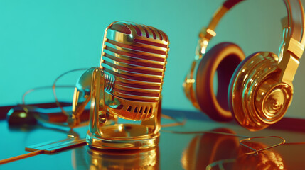 A retro-style golden microphone and headphones on a table, set against a gradient aquamarine...