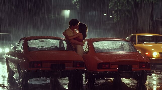 Fototapeta Couple kisses passionately in the rain between cars on a wet street at night, creating a romantic and cinematic moment filled with love, desire, and joy