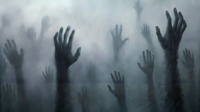 Scary zombie hands reaching out from a foggy surface
