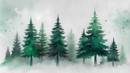 Obraz premium Watercolor painting of evergreen trees creating a serene forest landscape