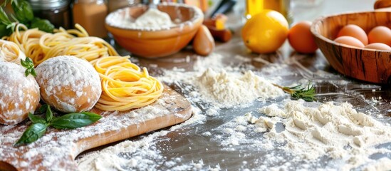 Fototapeta premium Preparation Of Italian Pasta With Ingredients Gastronomic Concept