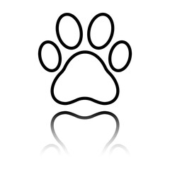 Paw simple icon. Flat design. Black icon with mirror reflection. White background