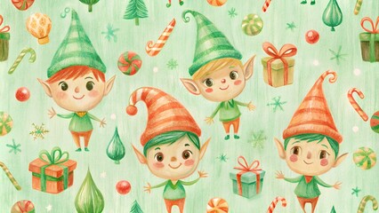 Fototapeta premium Christmas elves seamless pattern celebrating with gifts and candy canes