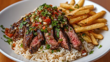 Peruvian Stir Fry with Sirloin Rice and Fries