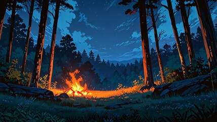 Enchanted Wilderness: Campfire's Evening Symphony anime wallpaper background, print, merch,