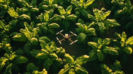 Obraz premium Drones for agriculture are preparing to apply fertilizer in tobacco cultivation areas