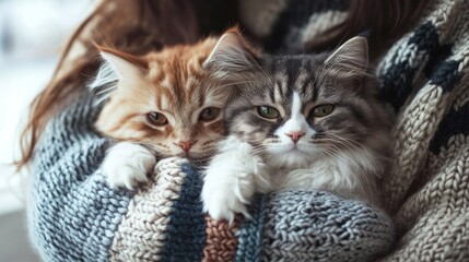 Two fluffy cats being held by a person in a cozy knitted sweater