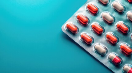 Blister packed tablets and capsules organized in a row Pharmaceutical concept featuring pills and medications Suitable for pharmacy or healthcare related themes Background with space for text