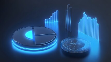 Cute isometric 3D image of 3D pie chart and bar chart in realistic metallic silver illuminated by neon blue. add floating, transparent charts and circular measurement tools. ensure perfect shapes and 