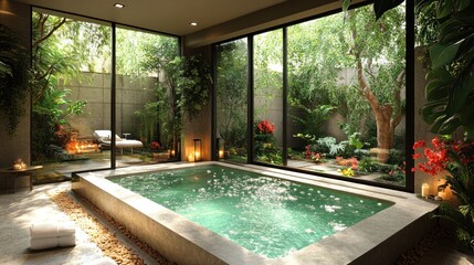 Serene indoor spa with a hot tub surrounded by lush greenery.