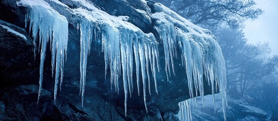 Big Icicles Hanging On A Mountain Rock