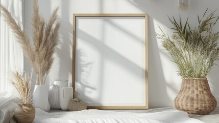 Close up of a framed poster mockup and decorative accessories in a cozy white interior setting