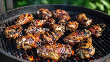 Savory grilled chicken wings featuring a crispy texture ideal for barbecues and outdoor celebrations