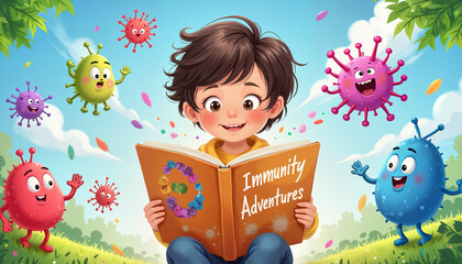 Happy child reading "Immunity Adventures" book surrounded by playful cartoon viruses, children's immunity and health