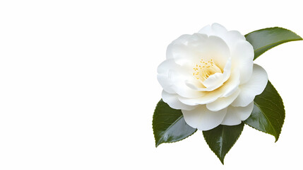 A beautiful white camellia flower with green leaves on a plain background.