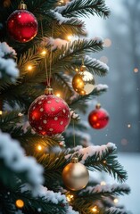 decorated Christmas tree against a background of snowfall
