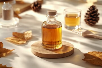 Elegant glass bottle of natural essence placed on a wooden coaster surrounded by autumn leaves