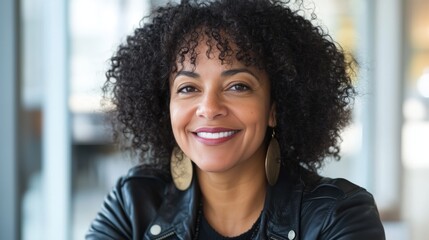 Fototapeta premium Woman with curly hair is smiling and wearing a black leather jacket