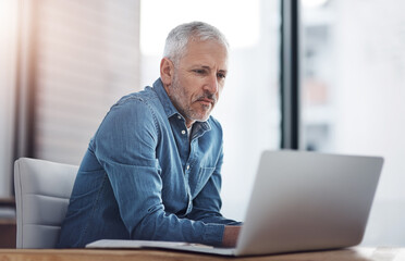 Fototapeta premium Office, mature man and planning with laptop for website information, review and reading business news. Company, financial advisor and work with tech for investment budget, report and portfolio update