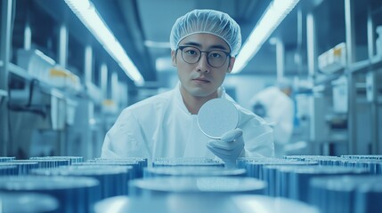 Asian scientist in cleanroom attire holds a silicon wafer in a high tech semiconductor facility, focusing on innovation and advancement