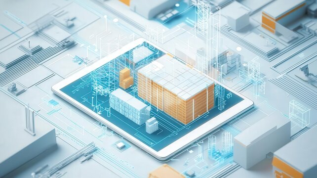 Warehouse management concept. Digital twin of a warehouse displayed on tablet, logistics planning.