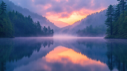 Fototapeta premium Serene mountain lake at sunrise, misty atmosphere, vibrant colors reflecting on calm water, lush forest backdrop