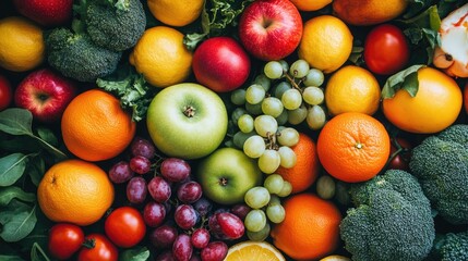 Colorful top view display of fresh fruits and vegetables showcasing a vibrant mix of ripe apples oranges grapes lemons tropical produce green broccoli and red tomatoes for healthy eating