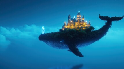 Obraz premium A city built on the back of a giant, sleeping whale, its buildings decorated with glowing crystals and luminous moss.