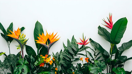 Naklejka premium Vibrant tropical plants with colorful flowers against a white background.