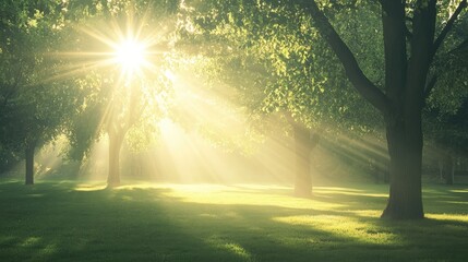 An inspiring environmental poster depicting sunlight streaming through trees highlighting the serene ambiance of a park and the purity of the air encapsulating an ecological theme