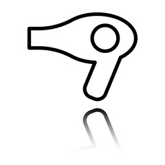 Hair dryer simple icon. Flat design. Black icon with mirror reflection. White background