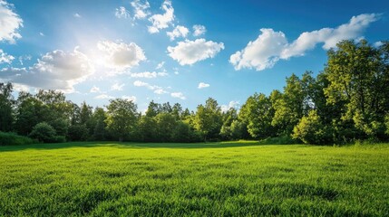 Fototapeta premium Green Meadow Among Trees Under Sky With White Clouds