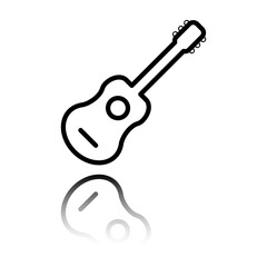 Guitar simple icon. Flat design. Black icon with mirror reflection. White background