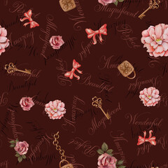 Digital paper seamless pattern with roses, ribbons, golden key and calligraphy  words on a brown background. Beautiful composition for packaging, textiles, graffiti, wallpaper and print.
