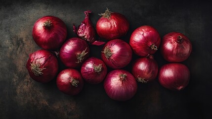 A striking arrangement of vibrant red onions set against a dark background highlighting the complex layers of culinary artistry