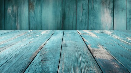 Fototapeta premium Rustic cyan tabletop perspective showcasing a pastel wooden background texture Aged dark blue turquoise wood evokes a vintage feel ideal for an Easter themed backdrop with mint green accents