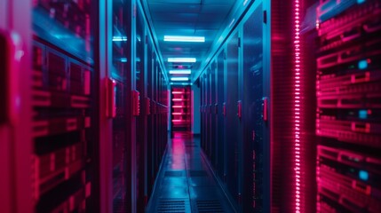Data Server Room with Blue and Red Lights
