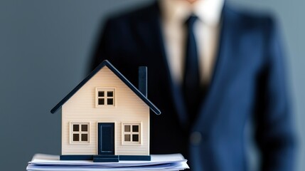 A miniature house model is placed on paperwork in front of a person in a suit, symbolizing real estate and professionalism.