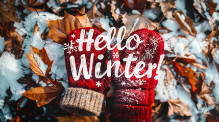 Naklejka premium Red mittens on snowy ground with autumn leaves and Hello Winter text