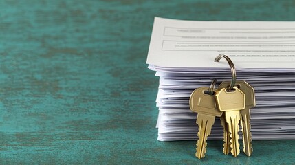 A bunch of paperwork sits next to a set of gold keys, symbolizing organization, access, and the importance of documentation.
