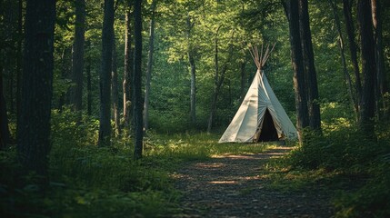 Peaceful camping setting in a forest featuring a teepee