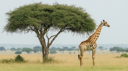 Fototapeta premium Giraffe beneath an acacia tree in a natural setting