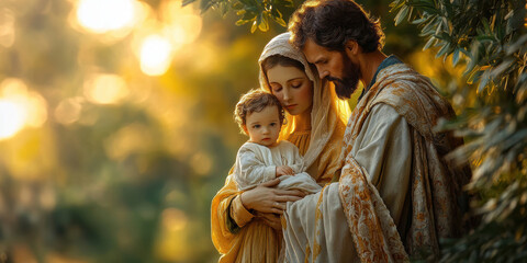 The painting depicts Mary, Joseph and the baby Jesus in a peaceful and holy scene, with Mary cradling Jesus in her arms and Joseph standing protectively by their side.AI generative. © Dar1930